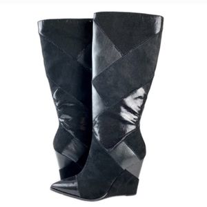 Jessica Simpson Henlee Wedge Boot Knee High Patchwork Leather Suede Black 9 NWOB